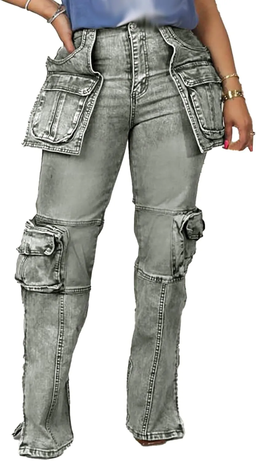 Women Stretch Cargo Jeans Y2k Boyfriend High Waisted Straight Leg Pockets Street Denim Pants