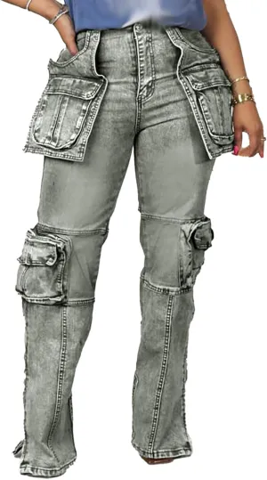 Women Stretch Cargo Jeans Y2k Boyfriend High Waisted Straight Leg Pockets Street Denim Pants