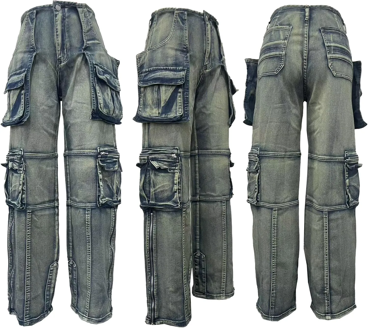 Women Stretch Cargo Jeans Y2k Boyfriend High Waisted Straight Leg Pockets Street Denim Pants