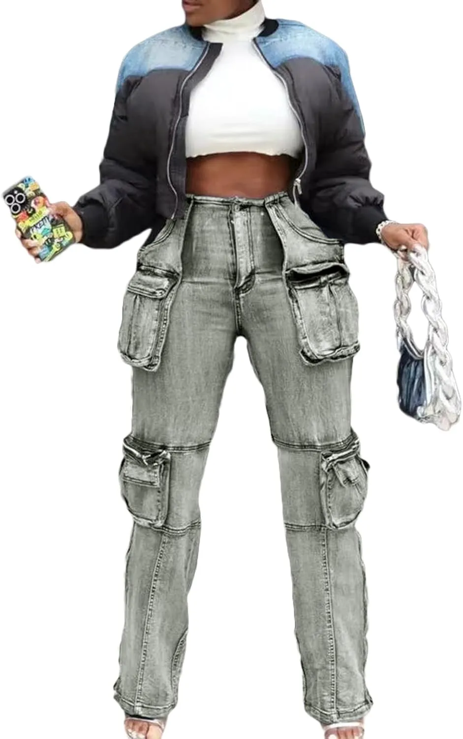 Women Stretch Cargo Jeans Y2k Boyfriend High Waisted Straight Leg Pockets Street Denim Pants