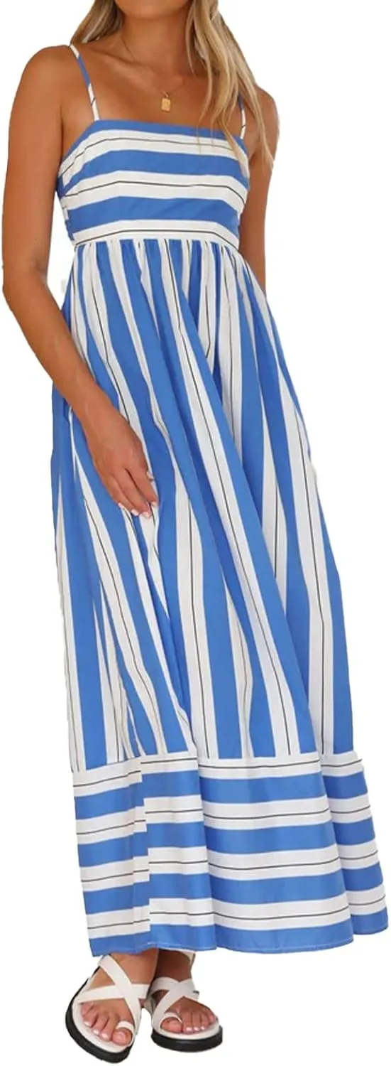 Women Striped Maxi Dress Sleeveless Backless Cutout Smocked Sundress Spaghetti Straps Boho Flowy Dresses