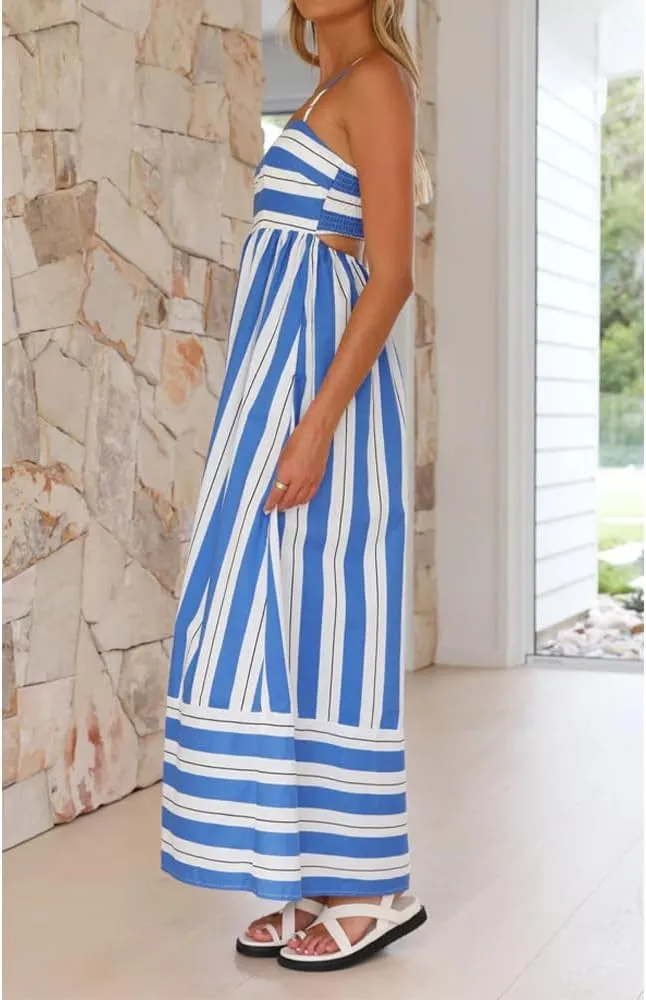 Women Striped Maxi Dress Sleeveless Backless Cutout Smocked Sundress Spaghetti Straps Boho Flowy Dresses