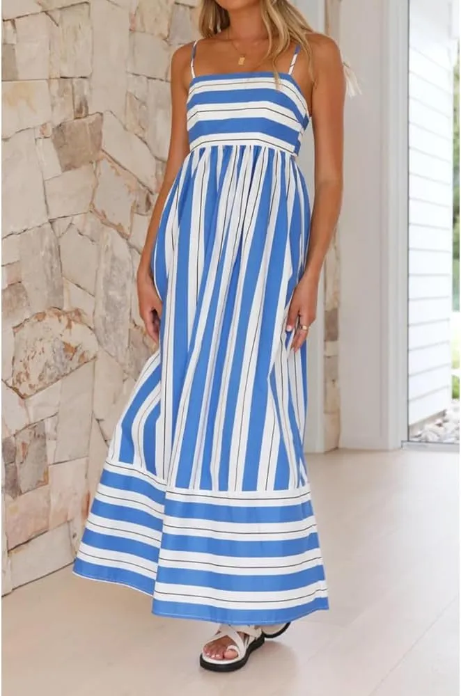 Women Striped Maxi Dress Sleeveless Backless Cutout Smocked Sundress Spaghetti Straps Boho Flowy Dresses
