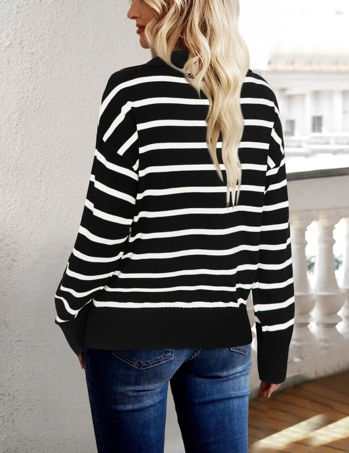 Women Striped Sweater Polo V Neck Long Sleeve Loose Sweater Knit Pullover Jumper Tops