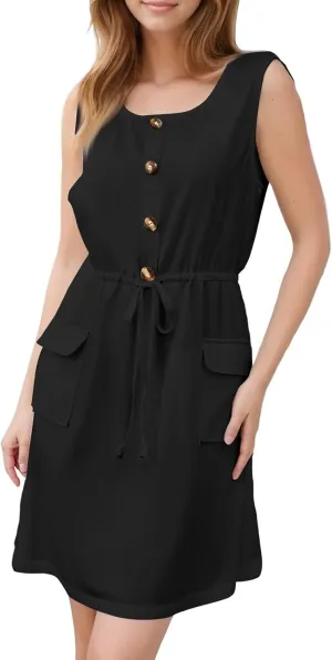 Women Summer Dresses Sleeveless Crew Neck Button Drawstring Waist Mini Short Dress Solid Beach Vacation Sundresses