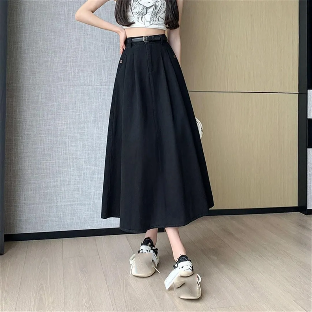 Women Summer Solid Denim for High Waist Large Hem Pleated Long A-Line Skirt