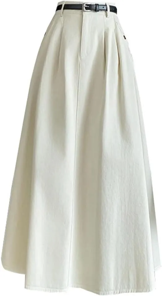 Women Summer Solid Denim for High Waist Large Hem Pleated Long A-Line Skirt