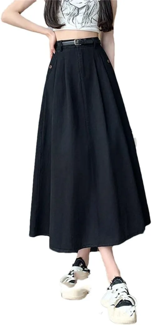 Women Summer Solid Denim for High Waist Large Hem Pleated Long A-Line Skirt