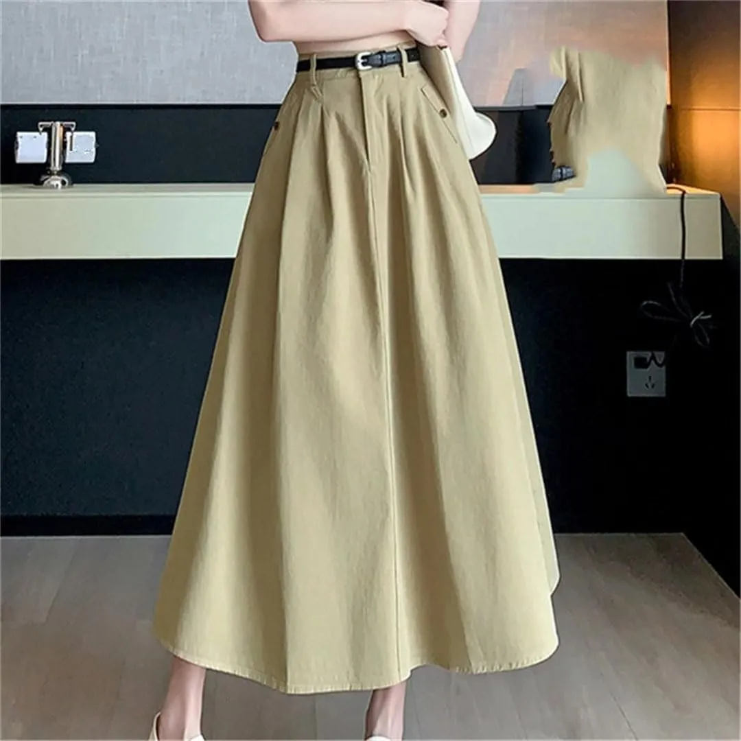 Women Summer Solid Denim for High Waist Large Hem Pleated Long A-Line Skirt