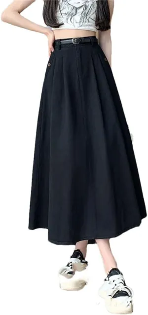 Women Summer Solid Denim for High Waist Large Hem Pleated Long A-Line Skirt