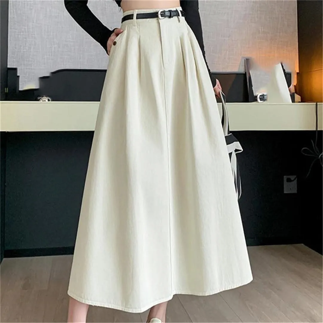 Women Summer Solid Denim for High Waist Large Hem Pleated Long A-Line Skirt