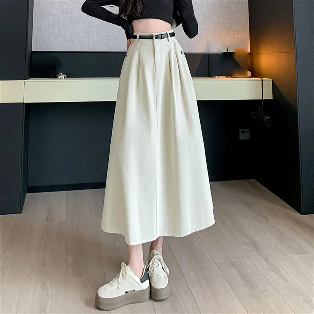 Women Summer Solid Denim for High Waist Large Hem Pleated Long A-Line Skirt