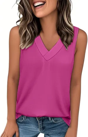 Women Summer Tank Top Dressy 2025 Vacation Sleeveless V Neck Loose Tees Fashion Casual Clothes