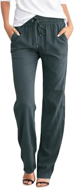 Women Wide Leg Linen Pants Summer Dressy High Waist Palazzo Pant Soft Split Trousers with Pockets