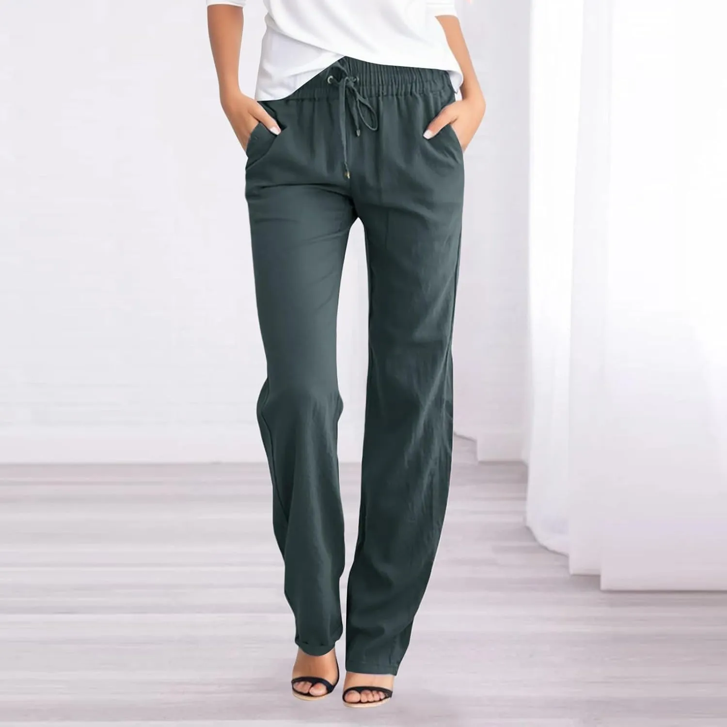 Women Wide Leg Linen Pants Summer Dressy High Waist Palazzo Pant Soft Split Trousers with Pockets