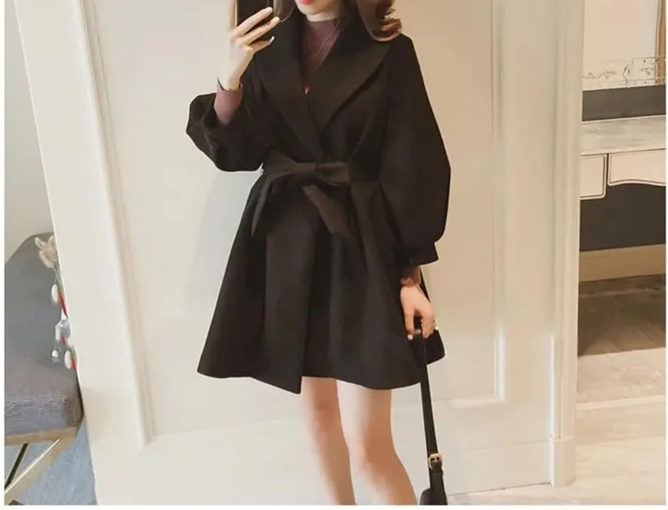 Women Woolen Blends Solid Open Stitch Sashes Ladies Winter Mid-Long Coat Warm Thick Fashion Harajuku Outwear