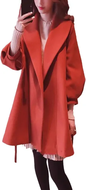 Women Woolen Blends Solid Open Stitch Sashes Ladies Winter Mid-Long Coat Warm Thick Fashion Harajuku Outwear