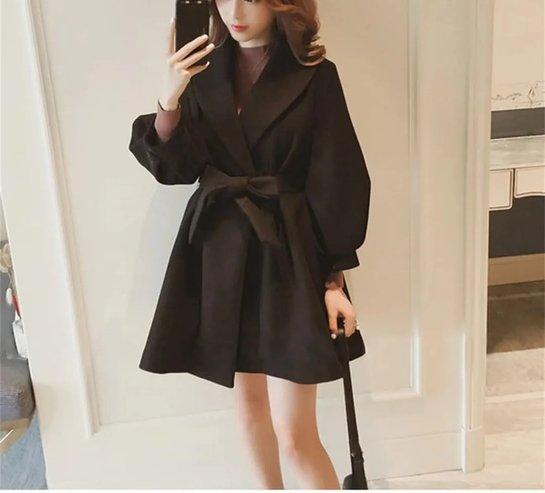 Women Woolen Blends Solid Open Stitch Sashes Ladies Winter Mid-Long Coat Warm Thick Fashion Harajuku Outwear