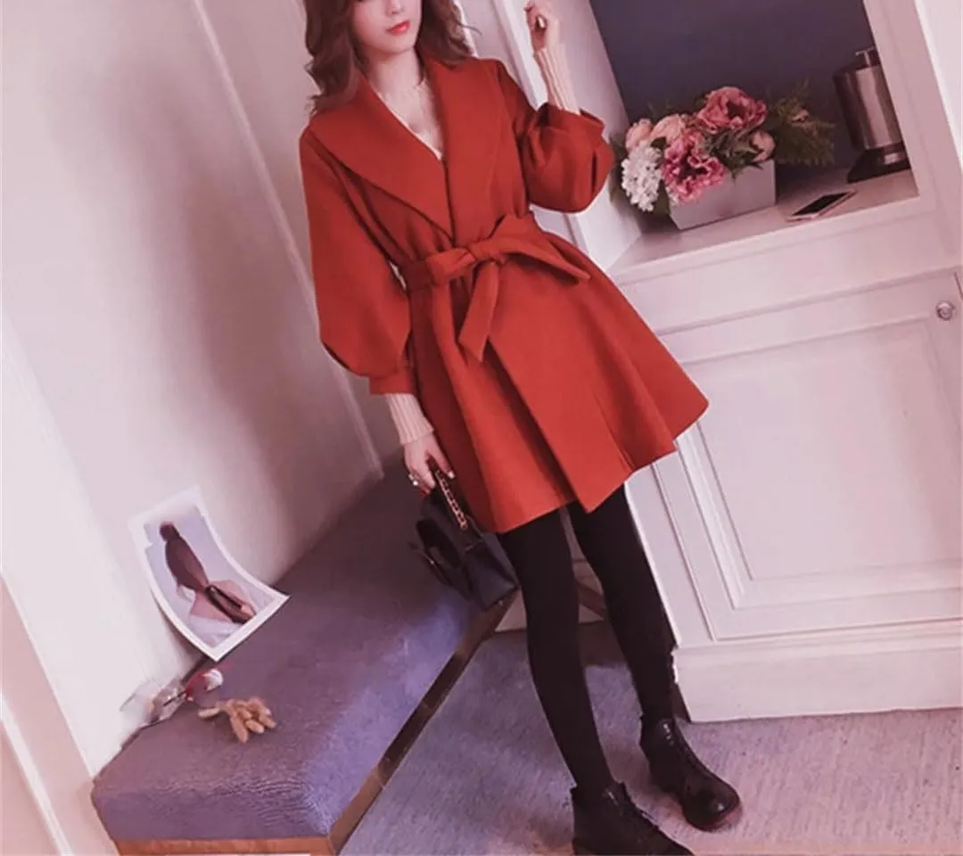 Women Woolen Blends Solid Open Stitch Sashes Ladies Winter Mid-Long Coat Warm Thick Fashion Harajuku Outwear