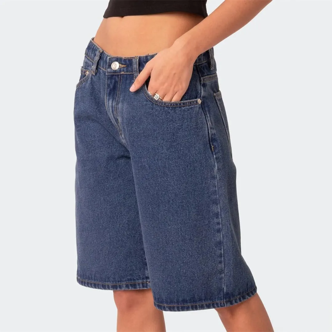 Women Y2k Baggy Loose Wide Leg High Waisted Cargo Denim Jorts Vintage Prewashed Cowgirl