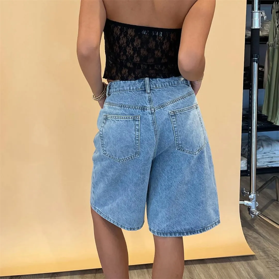 Women Y2k Baggy Loose Wide Leg High Waisted Cargo Denim Jorts Vintage Prewashed Cowgirl