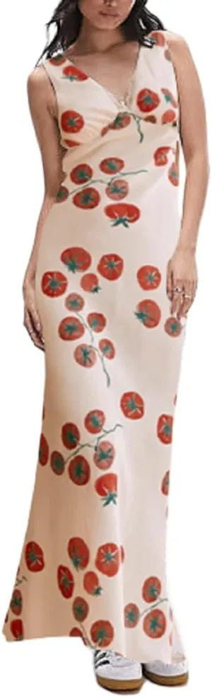 Women Y2k Bodycon Maxi Dress Vintage Floral Print Long Dress Sleeveless Open Back Deep V Neck Tank Sundress