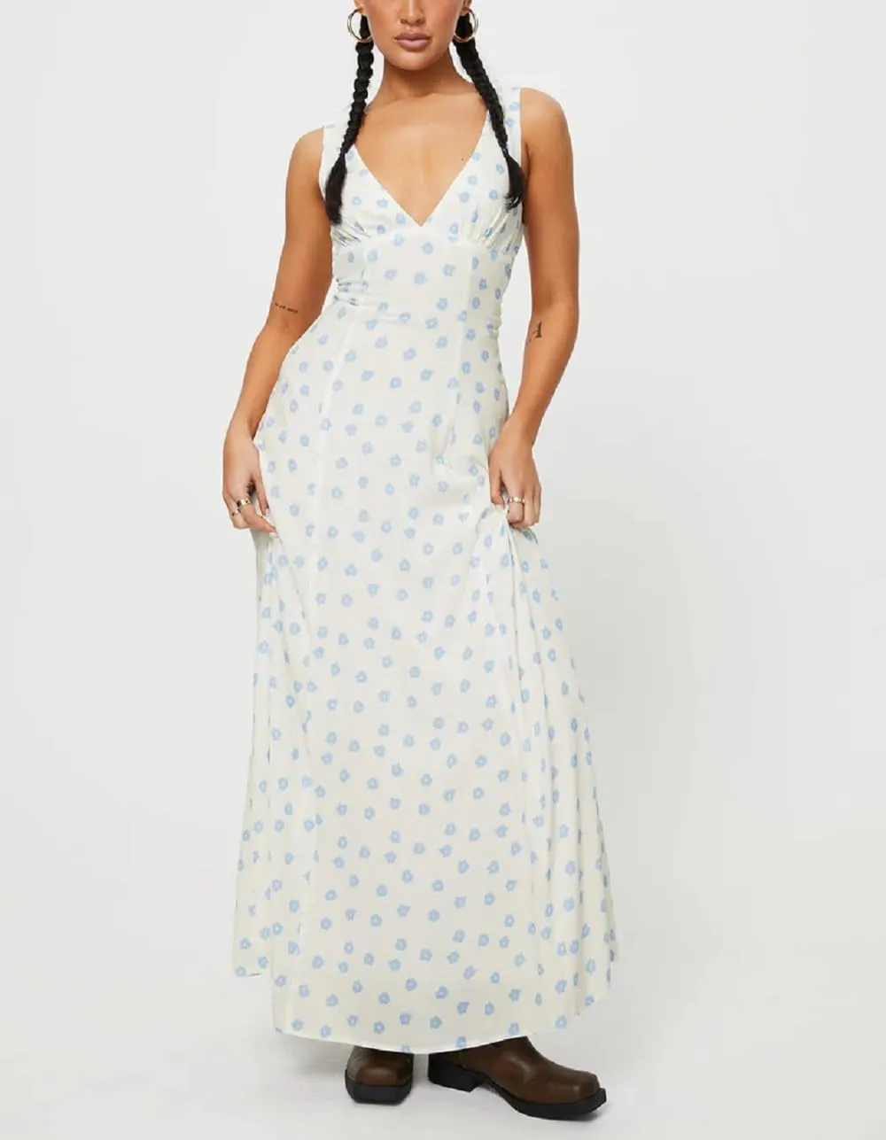 Women Y2k Bodycon Maxi Dress Vintage Floral Print Long Dress Sleeveless Open Back Deep V Neck Tank Sundress
