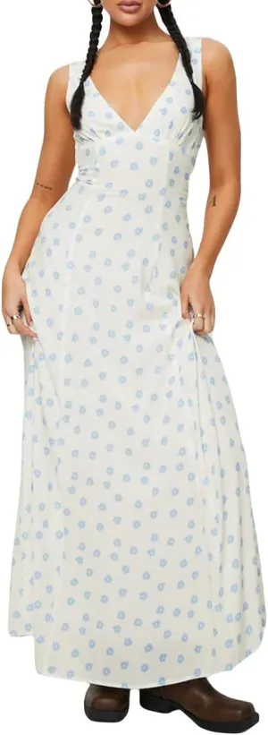 Women Y2k Bodycon Maxi Dress Vintage Floral Print Long Dress Sleeveless Open Back Deep V Neck Tank Sundress