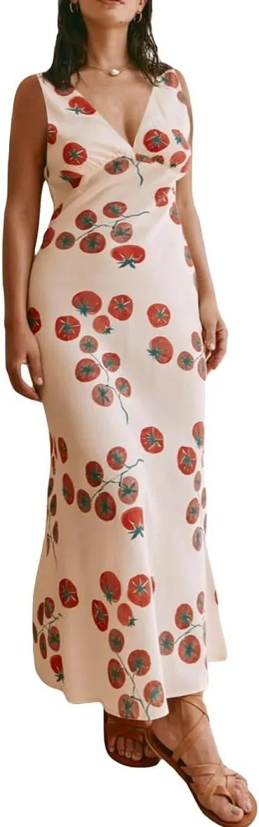 Women Y2k Bodycon Maxi Dress Vintage Floral Print Long Dress Sleeveless Open Back Deep V Neck Tank Sundress
