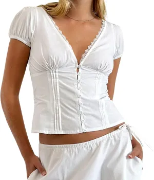 Women Y2K Button Up Shirt Coquette Slim Fit Lace Trim V Neck T-Shirt 90s Vintage Gothic Short Puff Sleeve Crop Tops