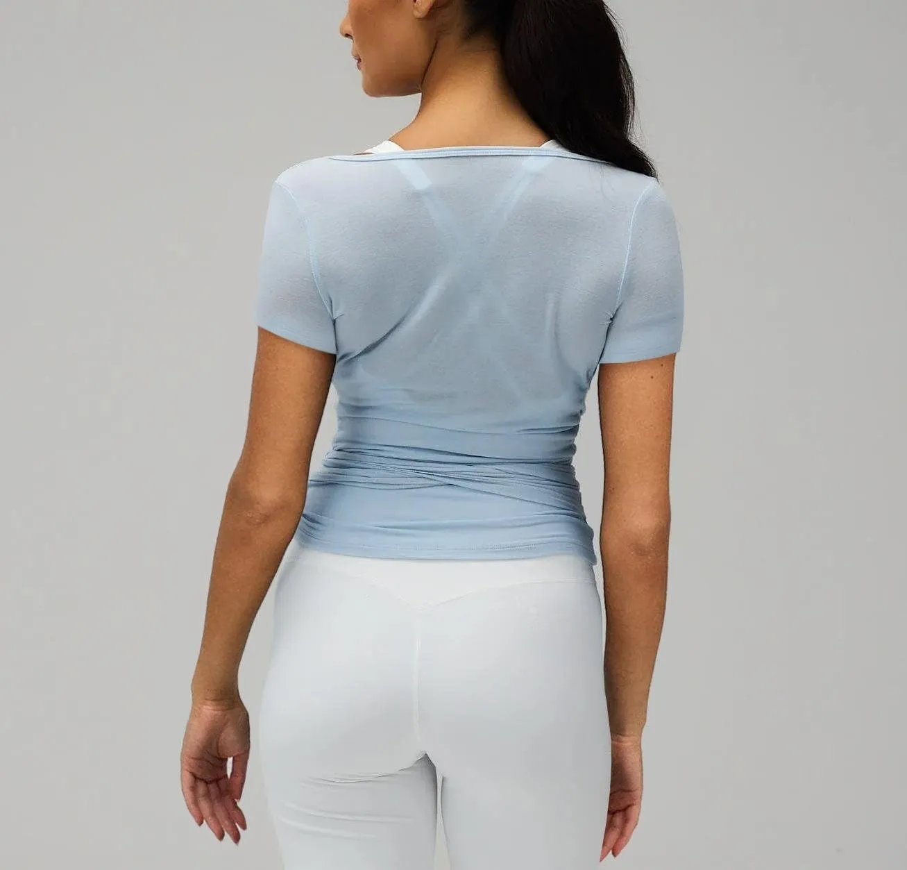 Women Y2k Cross Wrap Shirt Deep V Neck Tie Front Short Sleeve Tops Solid Slim Fit Yoga Shirts Active Blouse