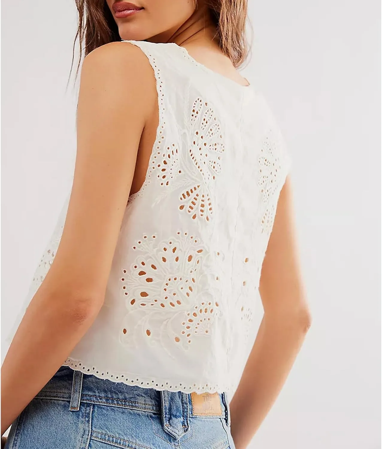 Women Y2k Embroidered Floral Front Tie Up Tank Vest Summer V Neck Cute Eyelet Going Out Crop Tops Blouse Shirts