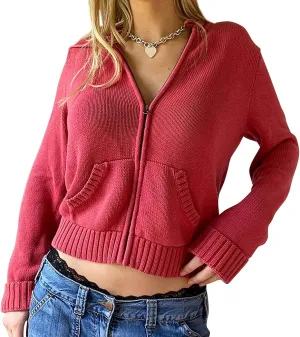 Women Y2k Zip Up Cropped Hoodies Vintage Solid Knit Cardigan Sweater Long Sleeve Drawstring Jacket Fairy Grunge Clothes