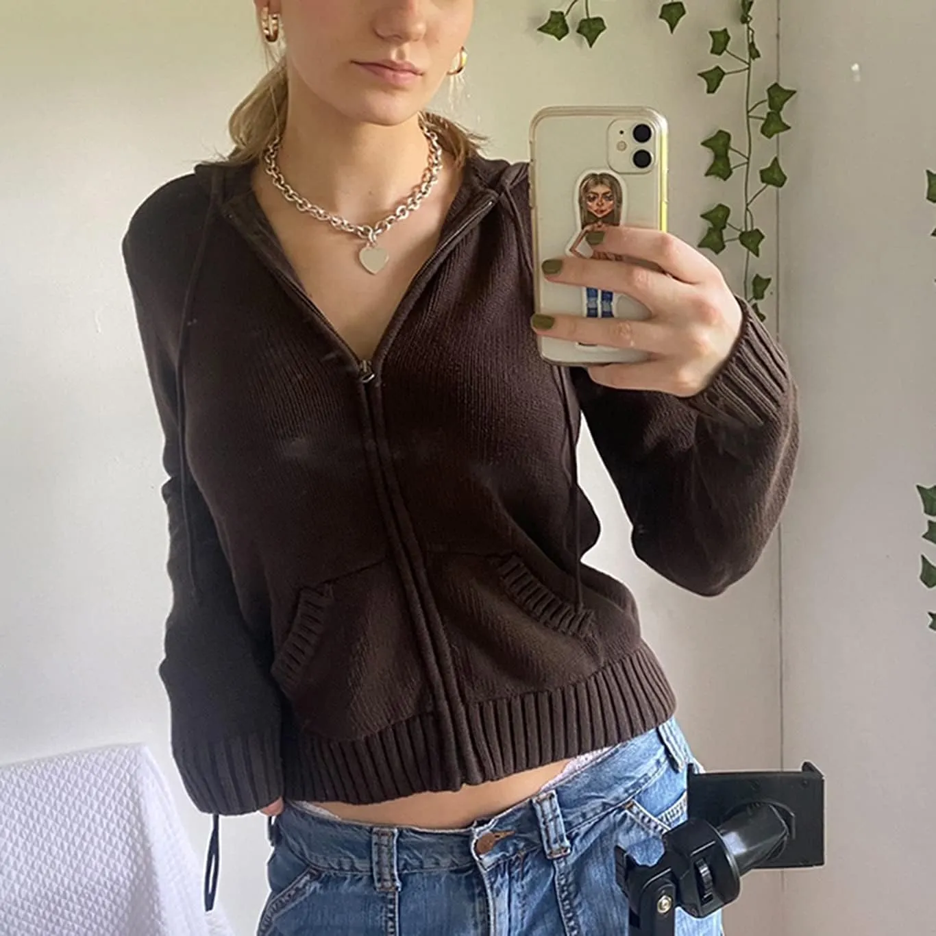Women Y2k Zip Up Cropped Hoodies Vintage Solid Knit Cardigan Sweater Long Sleeve Drawstring Jacket Fairy Grunge Clothes