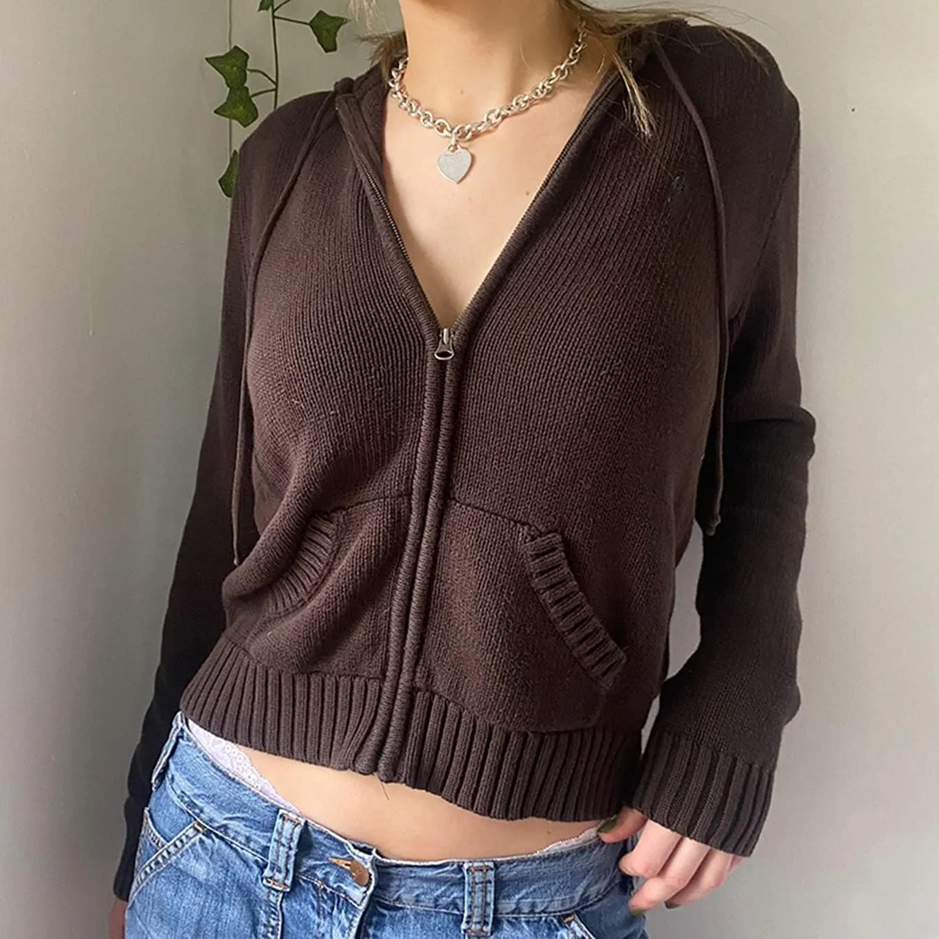Women Y2k Zip Up Cropped Hoodies Vintage Solid Knit Cardigan Sweater Long Sleeve Drawstring Jacket Fairy Grunge Clothes