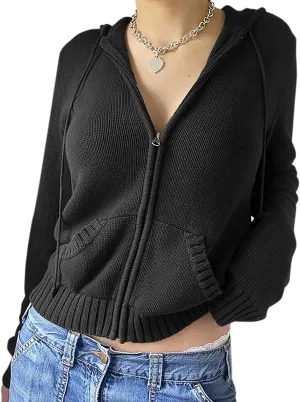Women Y2k Zip Up Cropped Hoodies Vintage Solid Knit Cardigan Sweater Long Sleeve Drawstring Jacket Fairy Grunge Clothes