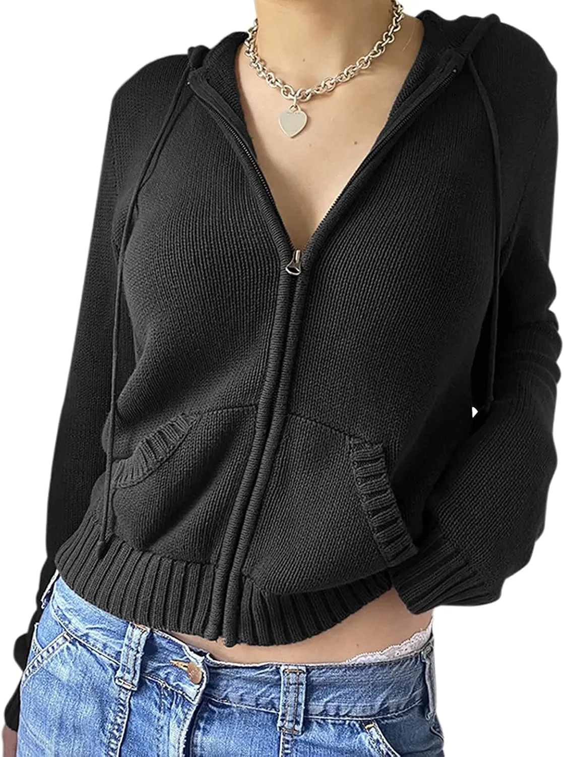 Women Y2k Zip Up Cropped Hoodies Vintage Solid Knit Cardigan Sweater Long Sleeve Drawstring Jacket Fairy Grunge Clothes