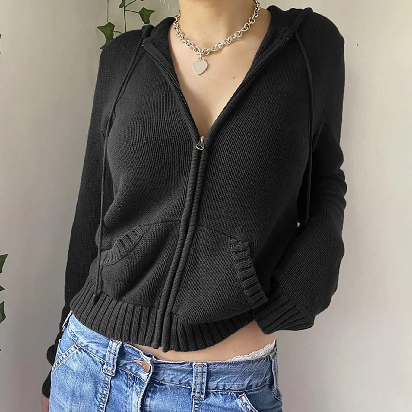 Women Y2k Zip Up Cropped Hoodies Vintage Solid Knit Cardigan Sweater Long Sleeve Drawstring Jacket Fairy Grunge Clothes