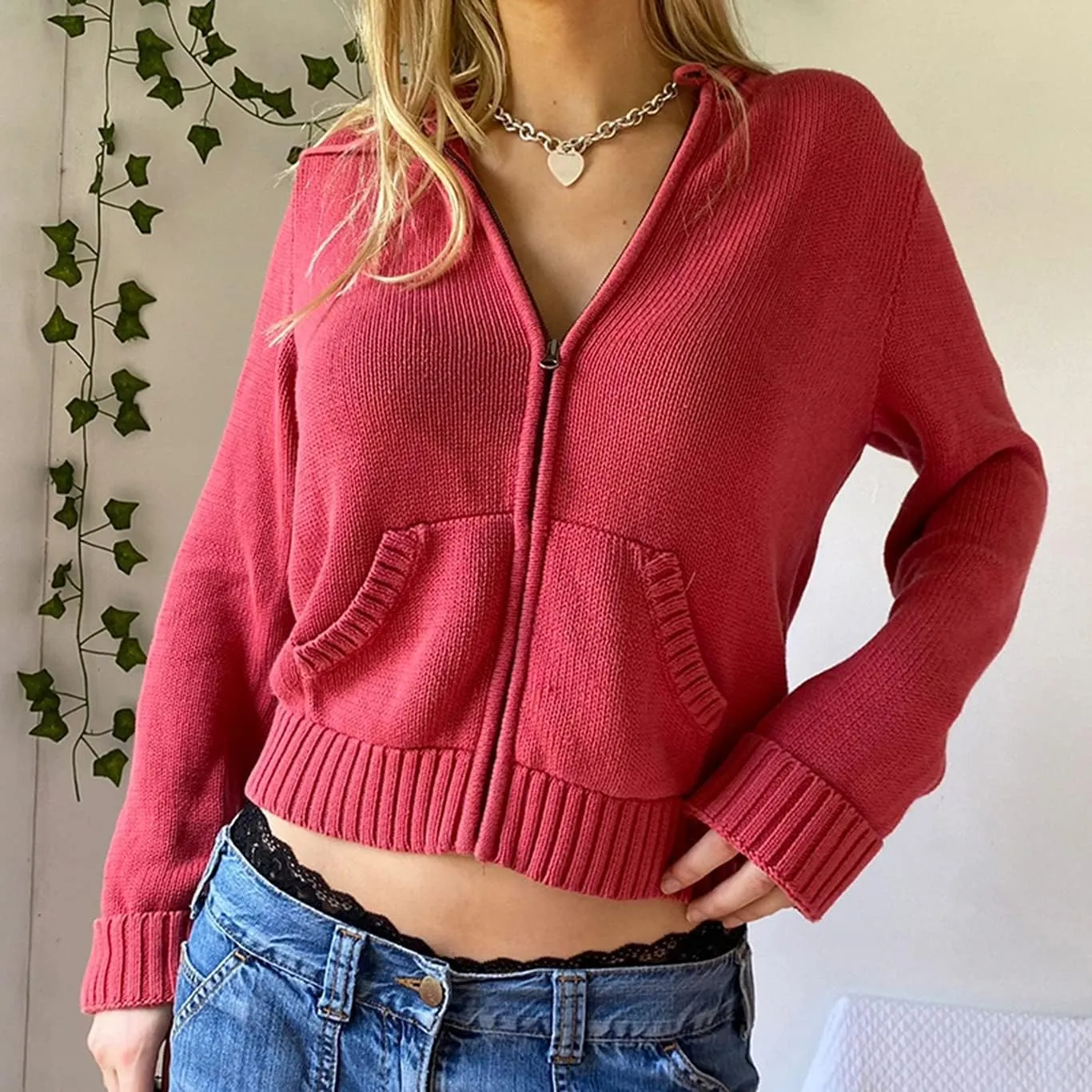 Women Y2k Zip Up Cropped Hoodies Vintage Solid Knit Cardigan Sweater Long Sleeve Drawstring Jacket Fairy Grunge Clothes