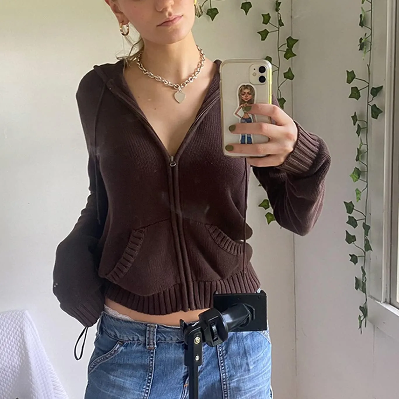Women Y2k Zip Up Cropped Hoodies Vintage Solid Knit Cardigan Sweater Long Sleeve Drawstring Jacket Fairy Grunge Clothes