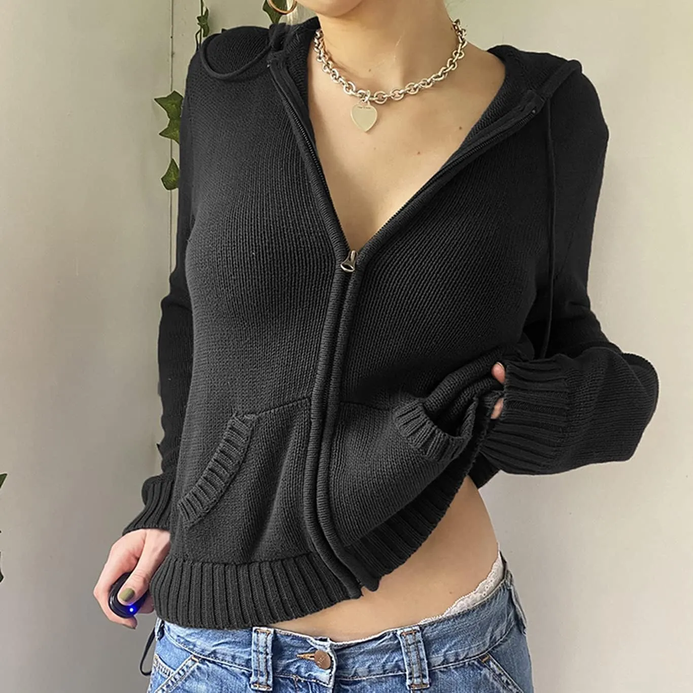 Women Y2k Zip Up Cropped Hoodies Vintage Solid Knit Cardigan Sweater Long Sleeve Drawstring Jacket Fairy Grunge Clothes