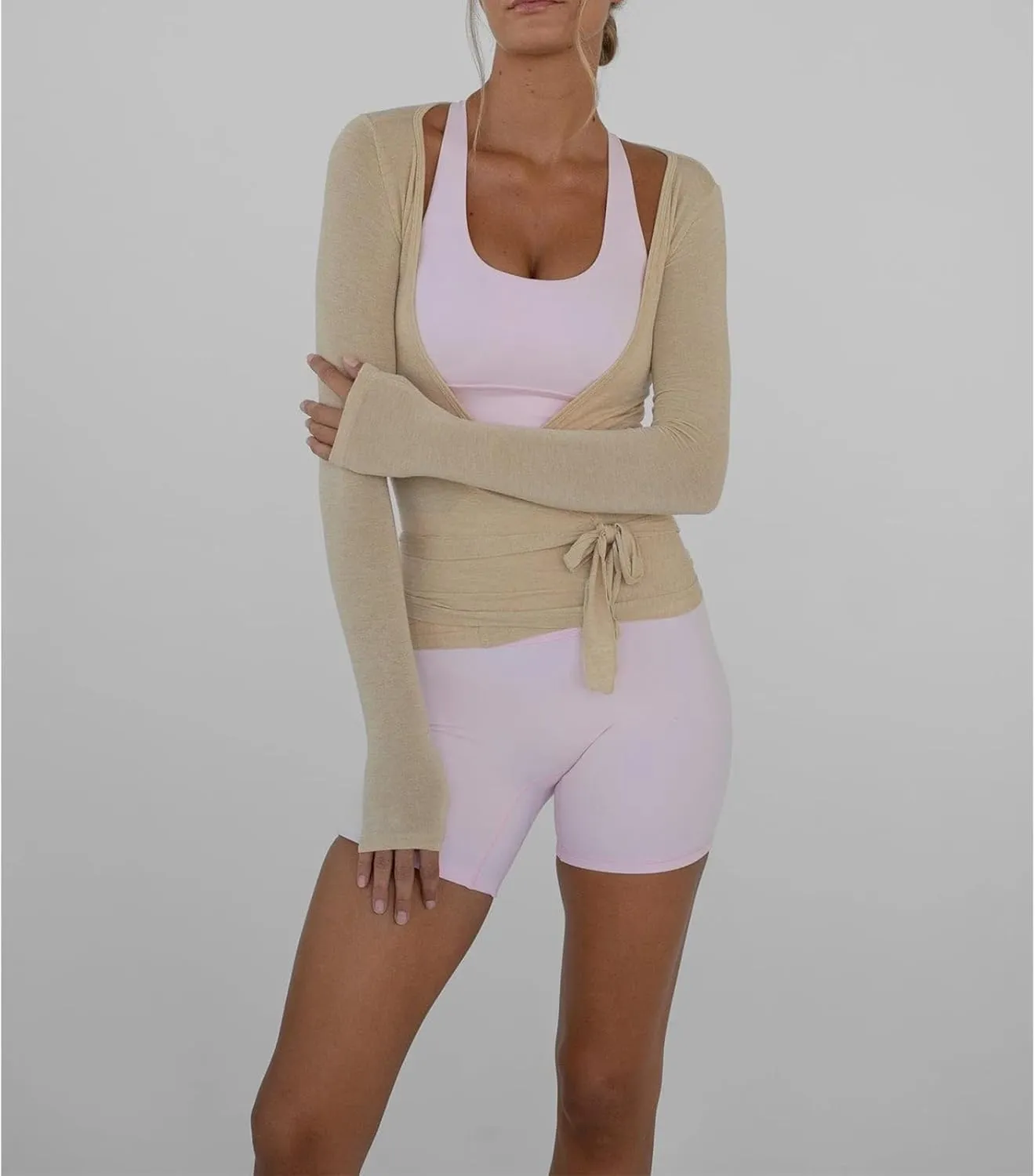 Women Yoga Y2k Cross Wrap Tie Crop Top Long Sleeve Deep V Neck Olid Slim Fit T Shirt Ballet Wrap Blouse Workout Top