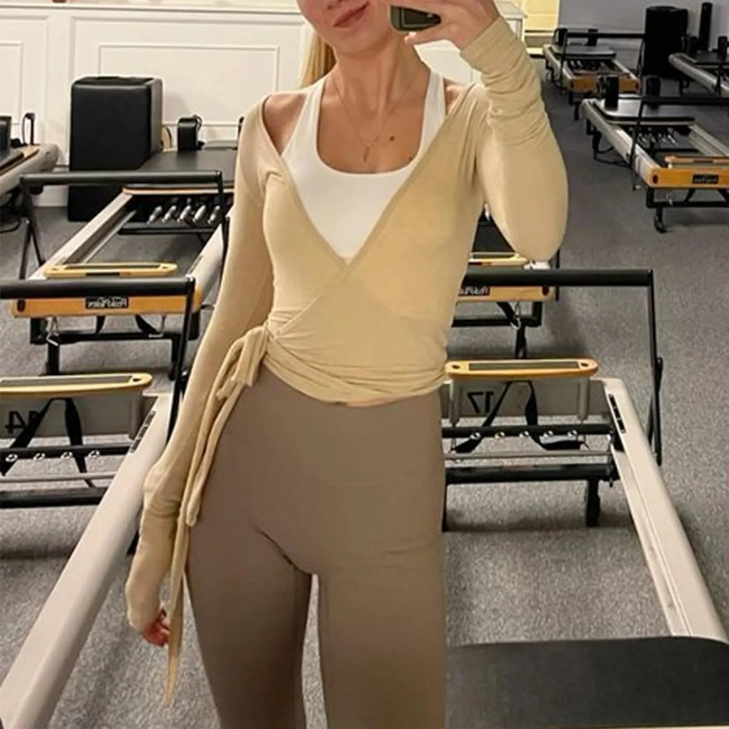 Women Yoga Y2k Cross Wrap Tie Crop Top Long Sleeve Deep V Neck Olid Slim Fit T Shirt Ballet Wrap Blouse Workout Top