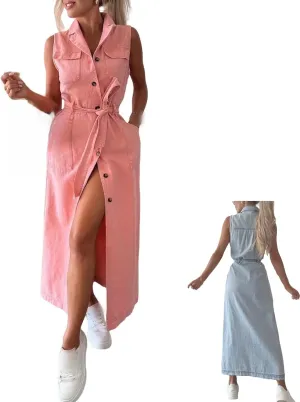 Women's 2025 Long Sleeveless Lace-Up Denim Dress, Lapel Sleeveless Denim Shirt Dress Button Down Belted Jean Dresses