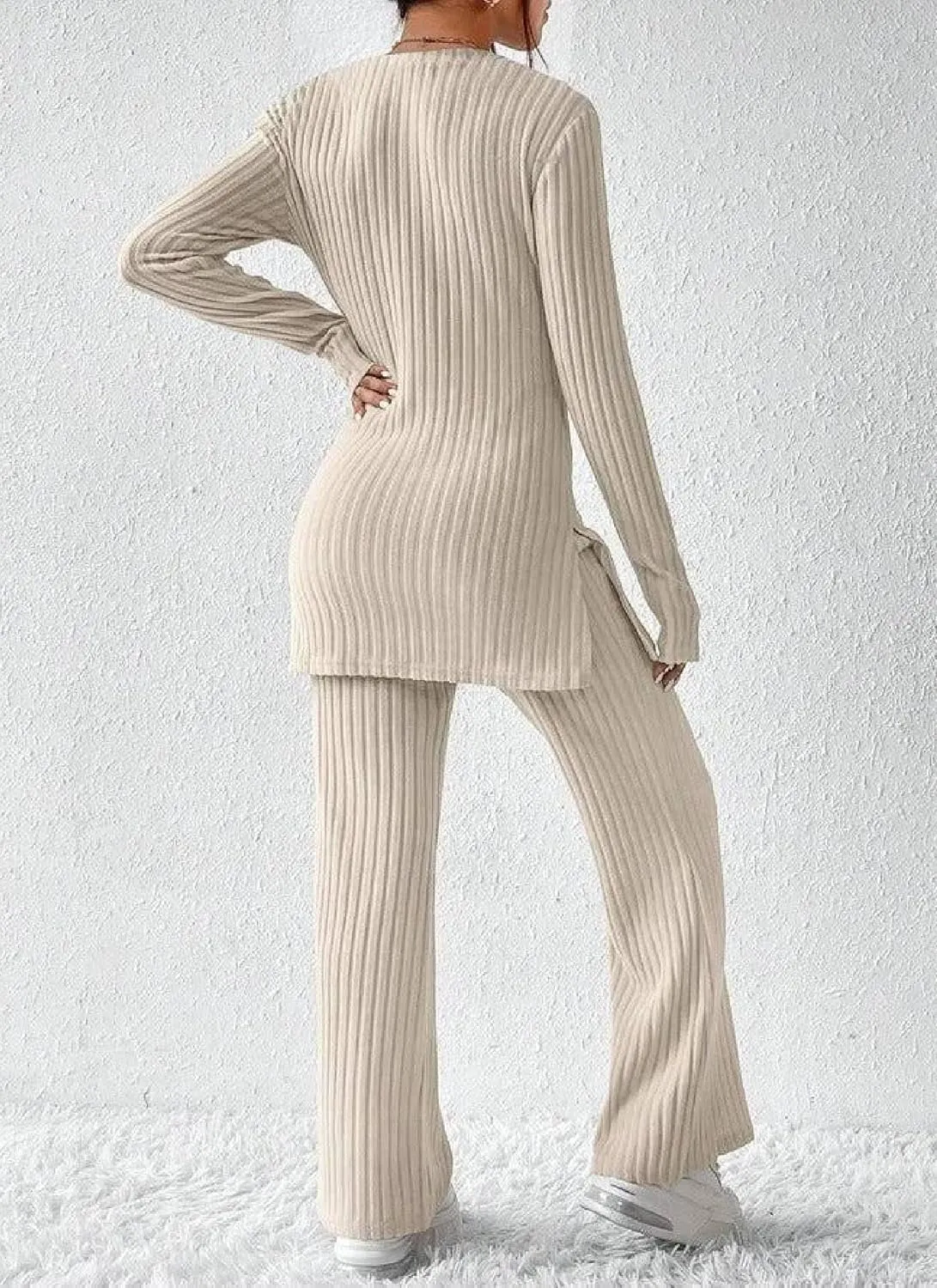 Women's Apricot Ribbed Knit Two Piece Outfit Crew Neck Long Sleeve Pullover Top and Straight Leg Pants Fall Matching Set