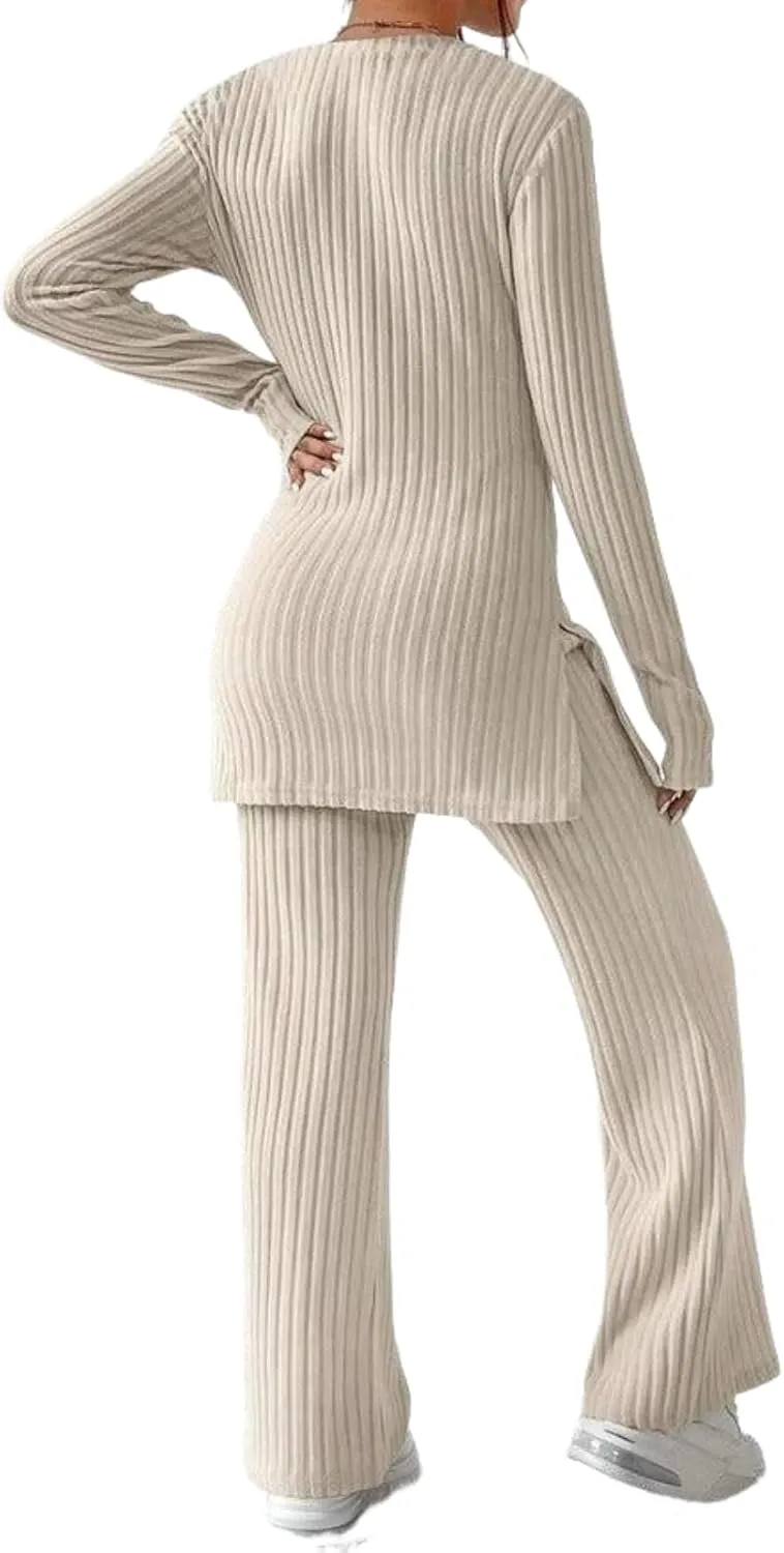 Women's Apricot Ribbed Knit Two Piece Outfit Crew Neck Long Sleeve Pullover Top and Straight Leg Pants Fall Matching Set