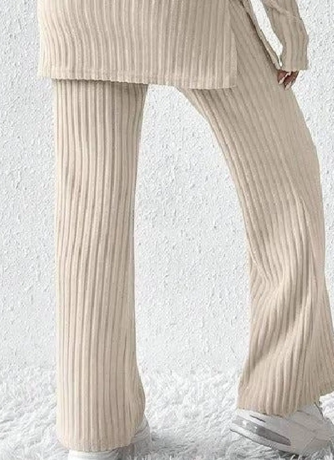 Women's Apricot Ribbed Knit Two Piece Outfit Crew Neck Long Sleeve Pullover Top and Straight Leg Pants Fall Matching Set