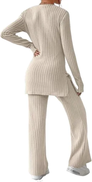 Women's Apricot Ribbed Knit Two Piece Outfit Crew Neck Long Sleeve Pullover Top and Straight Leg Pants Fall Matching Set