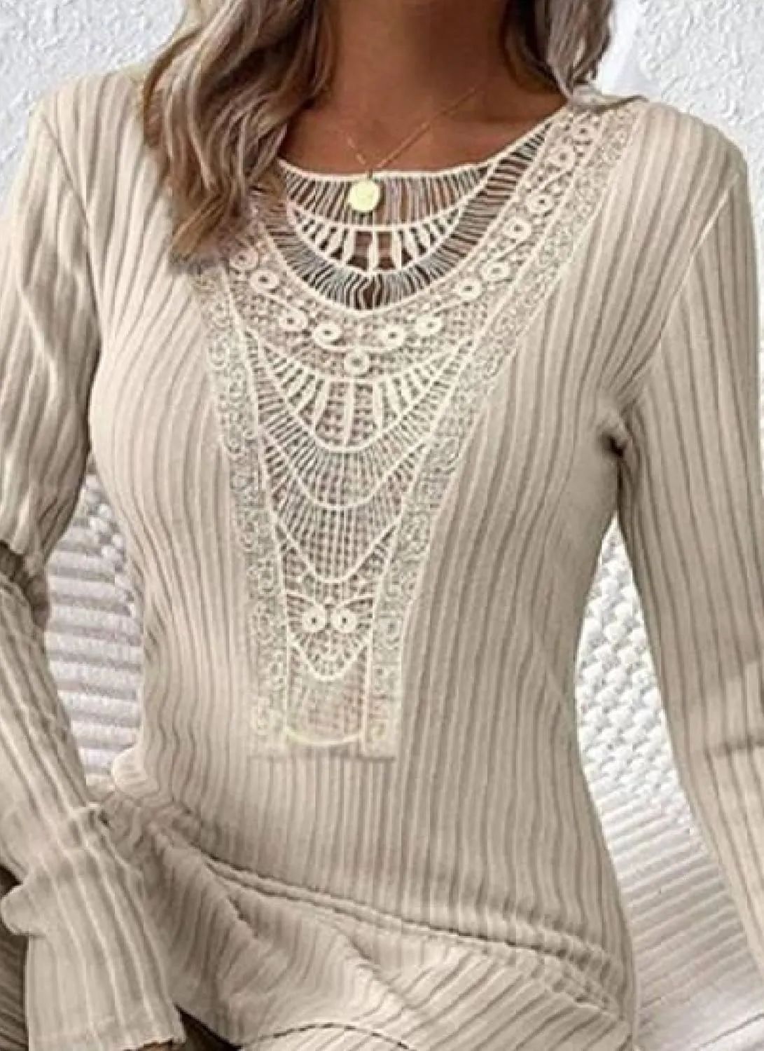 Women's Apricot Ribbed Knit Two Piece Outfit Crew Neck Long Sleeve Pullover Top and Straight Leg Pants Fall Matching Set