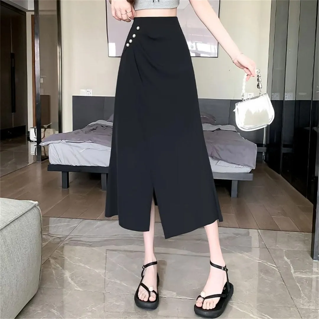 Women's Beading Split Pleated Skirts Elegant Solid Irregular High Waist Slimming A-Line Skirts